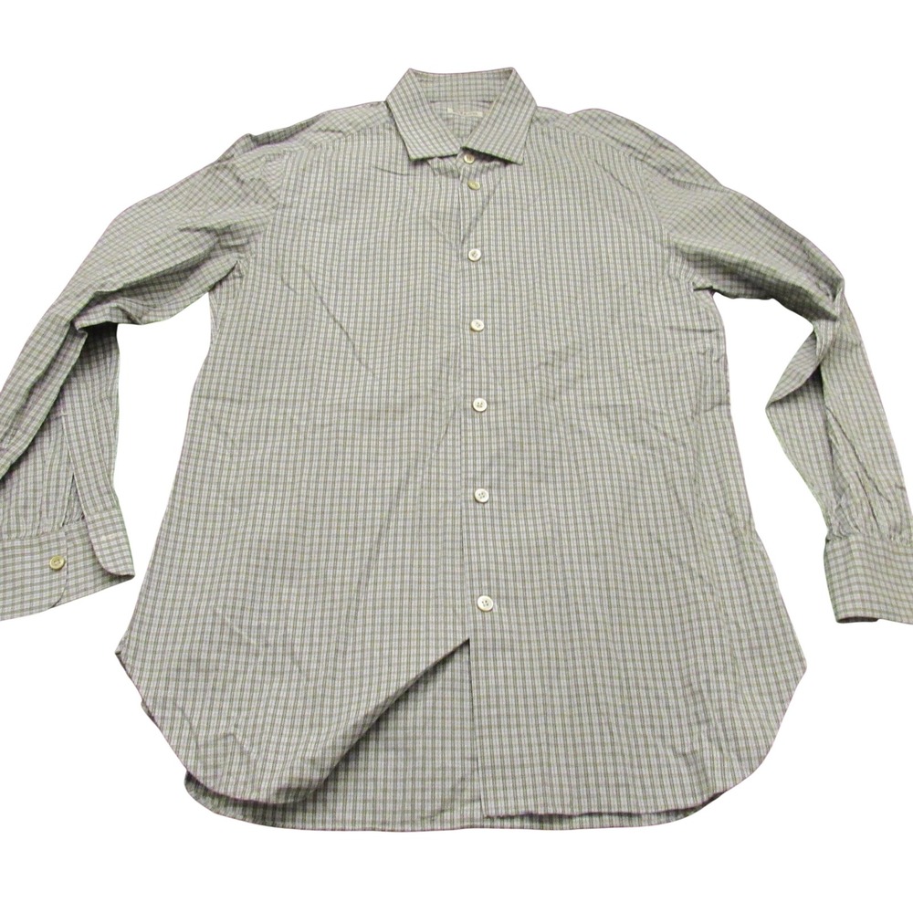 Kiton Mens Green White Micro Check Button Up Shirt Italy Size 15.75 40